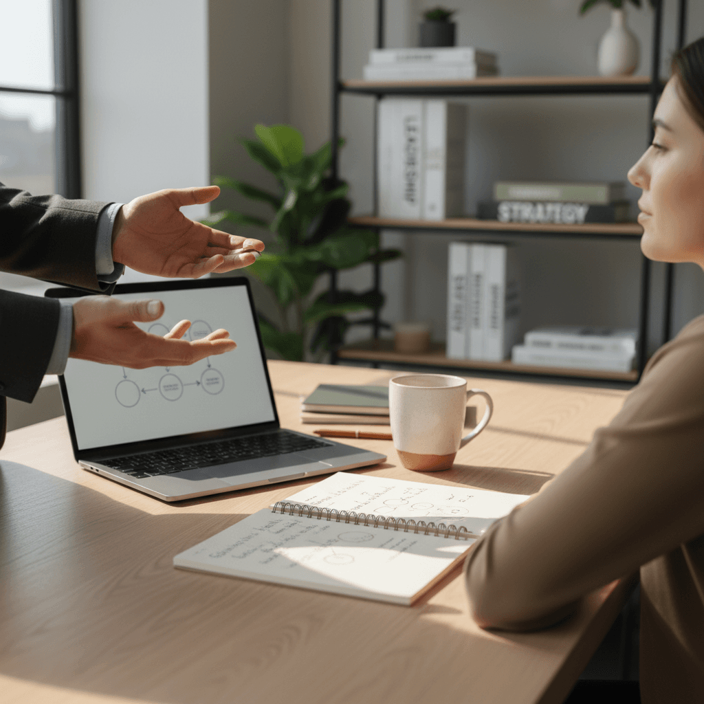 Manager coaching a professional at standing desk, hands demonstrating leadership concepts with coffee and notes nearby