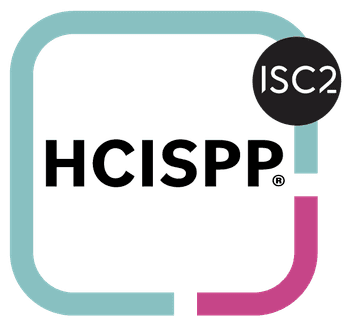 HCISPP certification logo with ISC2 badge, framed by a teal and pink rounded square.