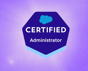 Salesforce Certified Administrator badge with a blue cloud icon against a light purple patterned background.
