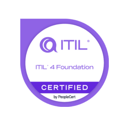 Purple and white ITIL 4 Foundation certification badge certified by PeopleCert with circular design.