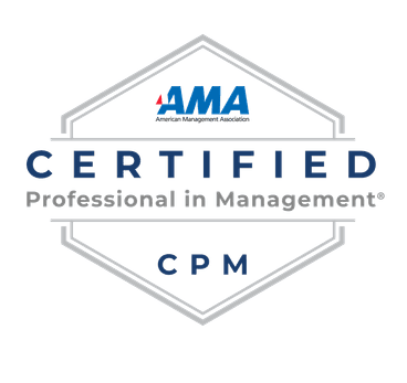 American Management Association Certified Professional in Management CPM logo with a grey hexagonal border.